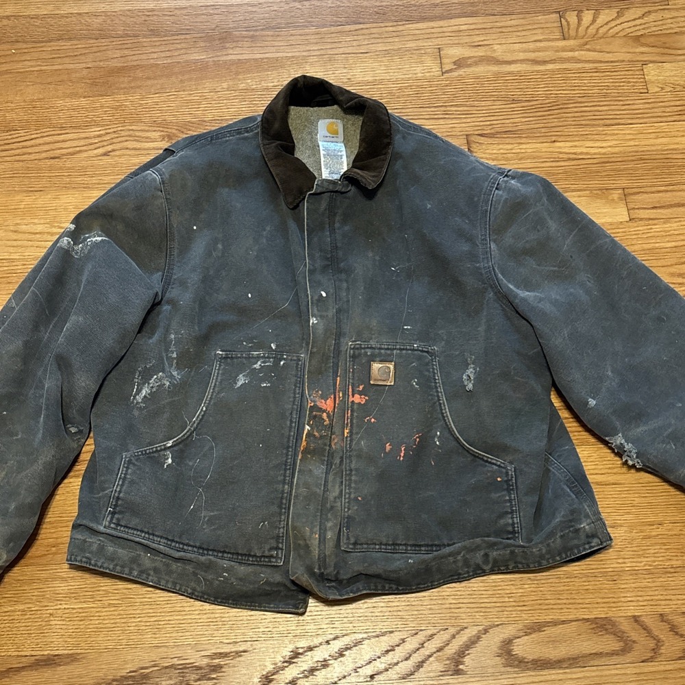 Carhartt Men's Sherpa Lined Barn Coat Washed Duck Black Sz 2XL Rugged distress‎